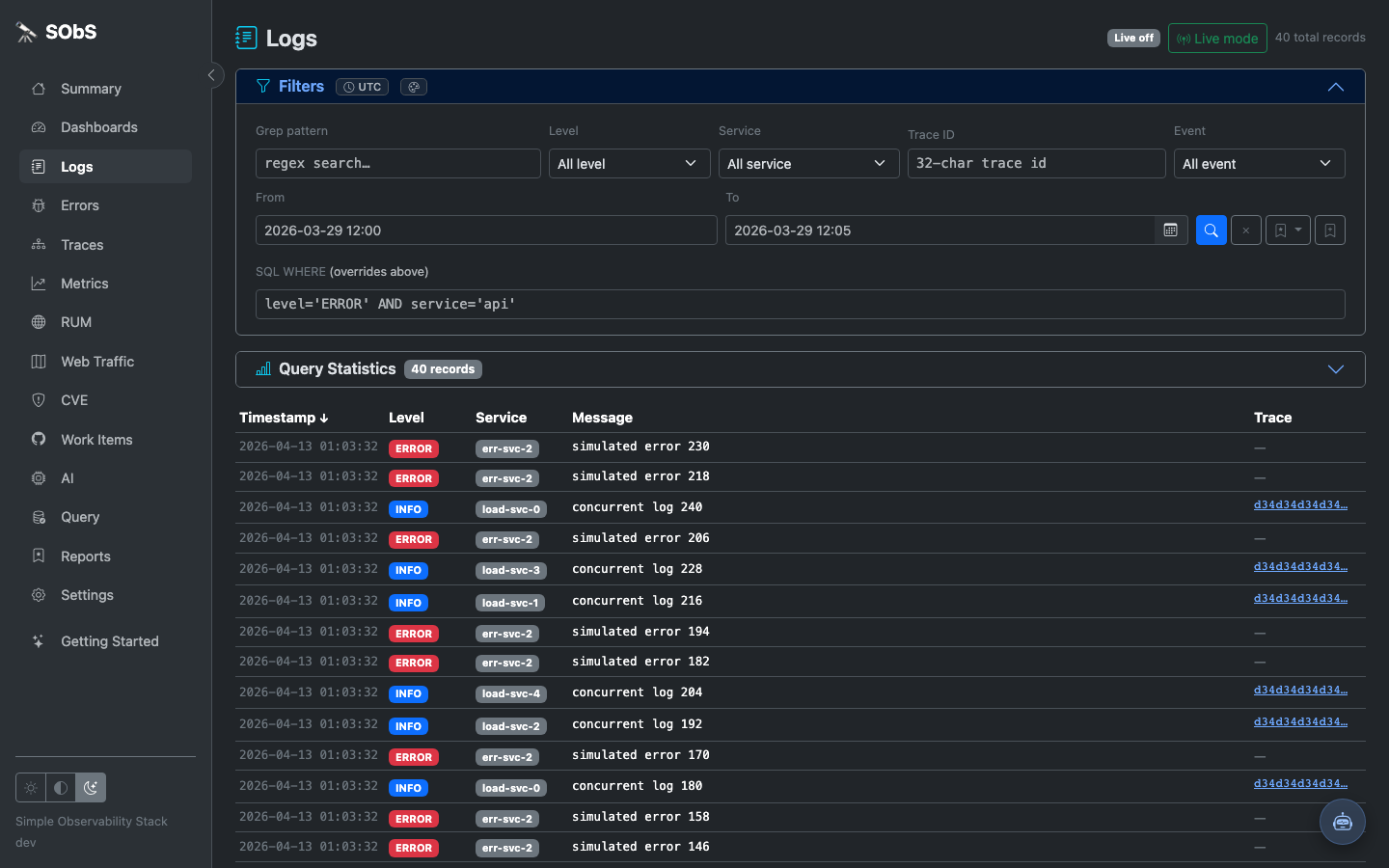 Rectifyr logs search and filtering